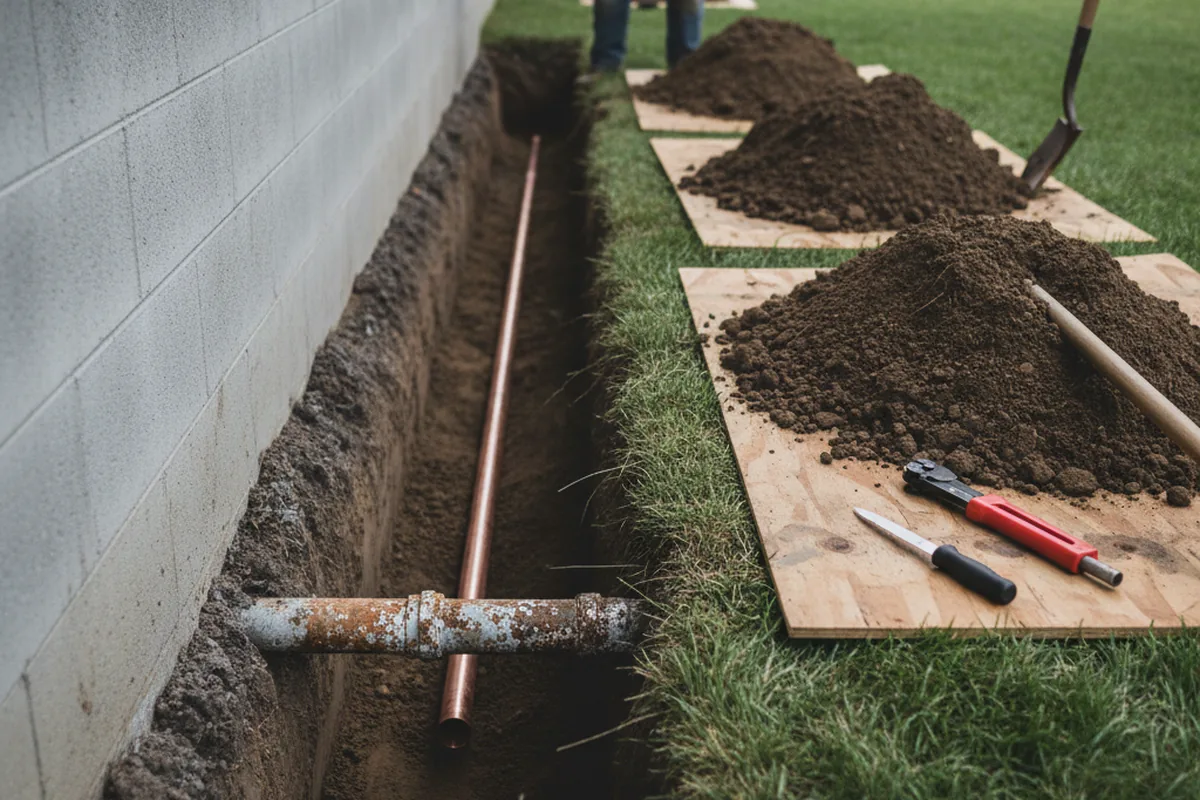 Excavated water line trench during Sewer Line Repair in South Pittsburg